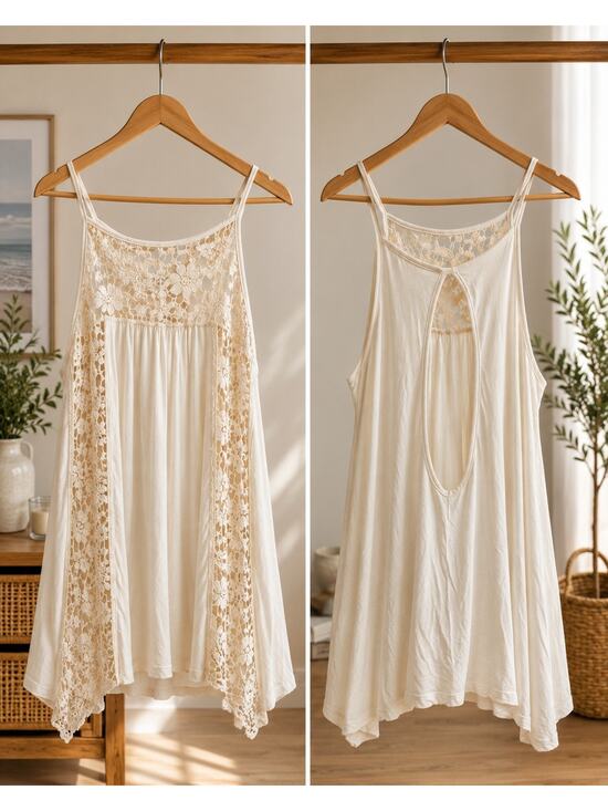 Vintage Havana Tops - Vintage Havana Cream Crochet Lace Tunic Top Open Keyhole Back Boho Vintage Style